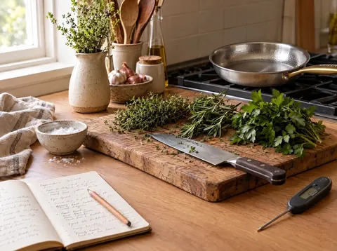 Kitchen counter with herbs, recipe notes and a Kaizen pan with a gold handle