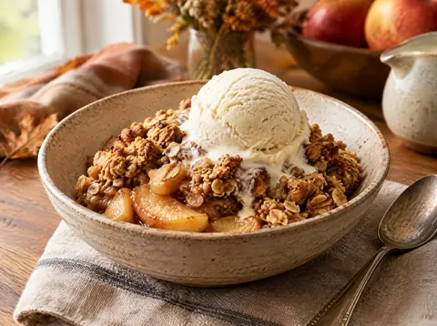 Bowl of warm apple crisp topped with a melting scoop of vanilla ice cream