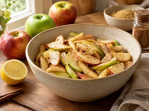 Sliced Granny Smith and Honeycrisp apples tossed with cinnamon and sugar in a bowl
