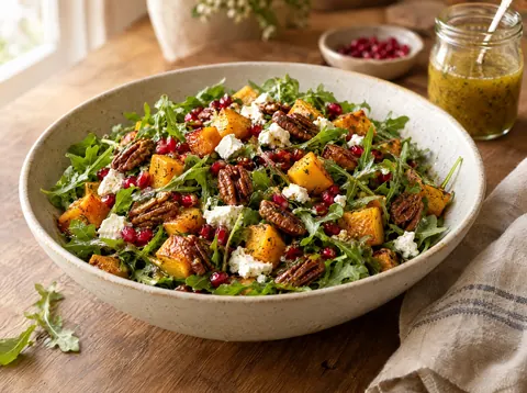 Autumn harvest salad with roasted butternut squash, pomegranate, goat cheese, pecans and arugula