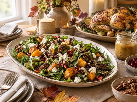 Harvest salad on a holiday table beside roast chicken and a jar of maple vinaigrette