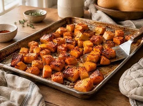Cubed butternut squash with caramelized edges on a sheet pan fresh from the oven
