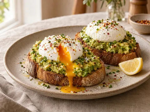 Avocado toast with poached egg on sourdough, runny yolk, chile flakes, chives and flaky salt
