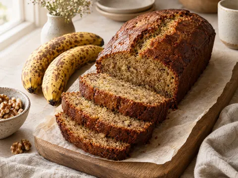 Moist banana bread loaf with a cracked domed top, sliced to show a soft golden brown crumb