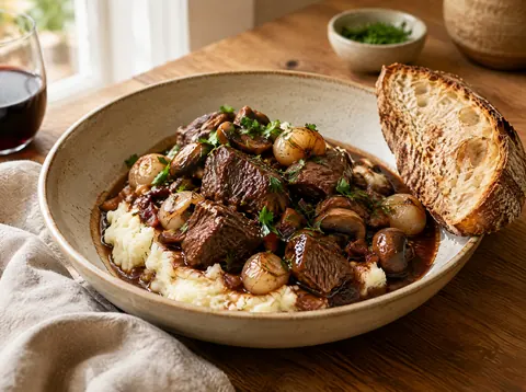 Bowl of beef bourguignon over mashed potatoes with a slice of sourdough bread