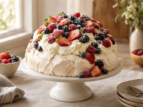 Berry pavlova topped with whipped cream, strawberries, raspberries, blueberries and blackberries