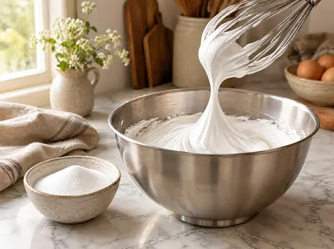 Glossy stiff meringue peaks on a whisk above a bowl of pavlova meringue