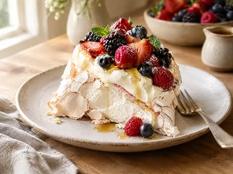 Slice of pavlova showing a crisp shell, soft marshmallow center, cream and berries