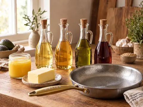 Cooking oil cruets, ghee and butter beside a Kaizen pan with a gold handle