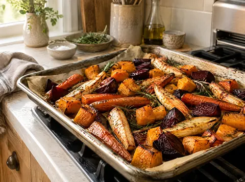Root vegetables roasted in extra virgin olive oil on a parchment lined sheet pan