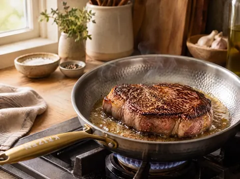 Meat searing in a Kaizen titanium pan beside a small cruet of cooking oil
