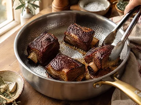 Short ribs browning in a Kaizen titanium pan before transfer to a braising pot
