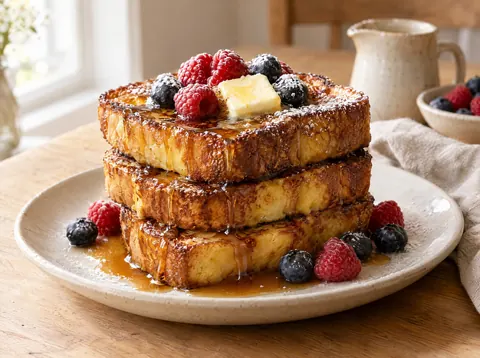 Stack of thick brioche french toast slices with caramelized crust, berries, maple syrup and powdered sugar