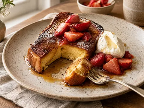 Brioche french toast cut open to show a set, custardy center, with crème fraîche and berries