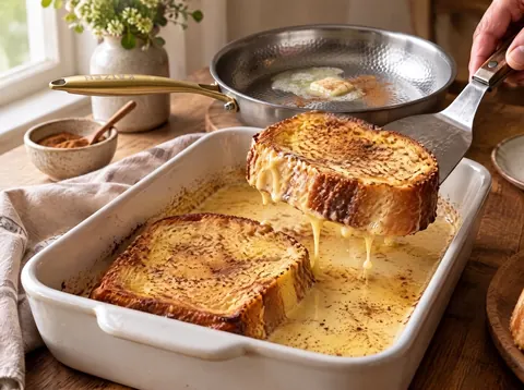 Brioche slices soaking in custard with a Kaizen pan nearby
