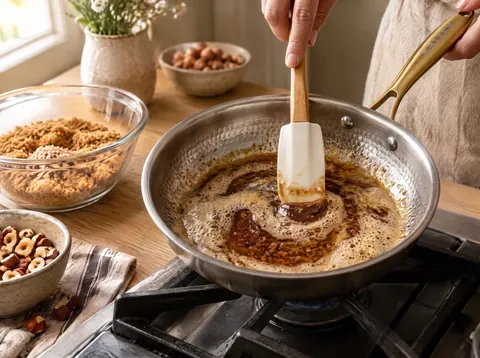 Butter browning in a Kaizen pan with the golden milk solids visible