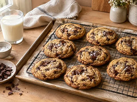 Freshly baked chocolate chip cookies cooling on a wire rack with flaky sea salt