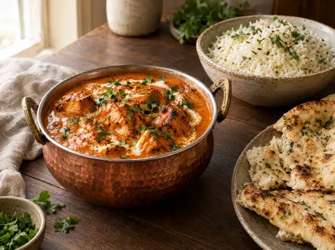 Butter chicken in a copper bowl with glossy orange tomato cream sauce, cilantro and a swirl of cream