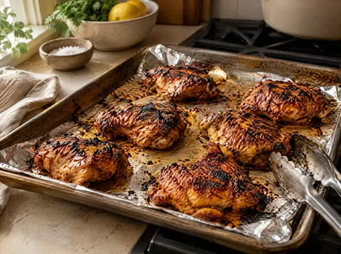 Yogurt marinated chicken thigh pieces with blackened edges on a foil lined sheet pan after broiling
