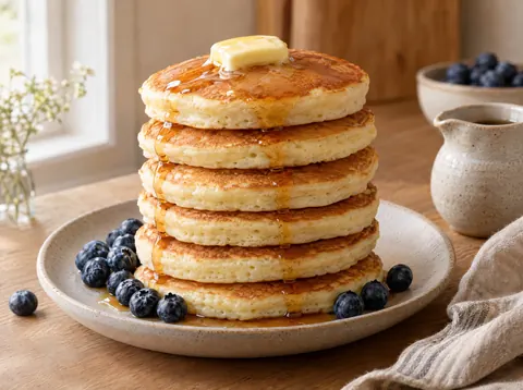 Tall stack of golden buttermilk pancakes with melting butter, maple syrup and fresh blueberries