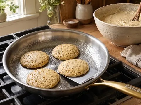 Pancakes with bubbles forming on top in a Kaizen titanium pan