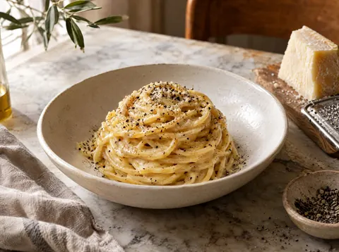Cacio e pepe twirled in a shallow bowl, glossy pecorino sauce and coarse cracked black pepper