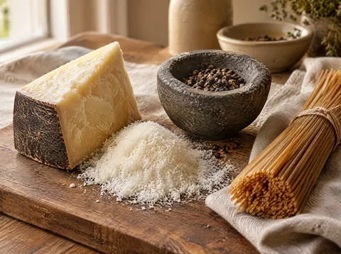 Wedge of Pecorino Romano with finely grated cheese and crushed black peppercorns in a mortar