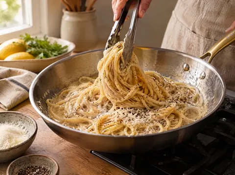 Pasta being tossed with cheese and black pepper in a Kaizen titanium pan
