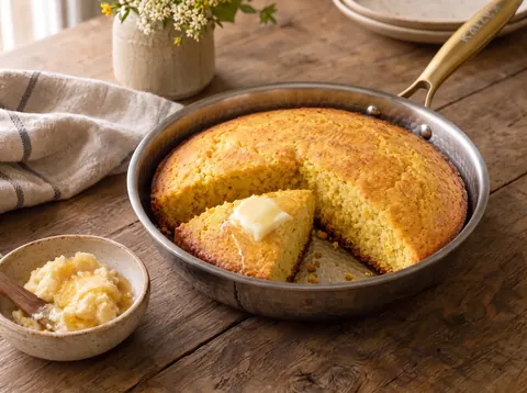 Golden skillet cornbread baked in a Kaizen pan with a gold handle