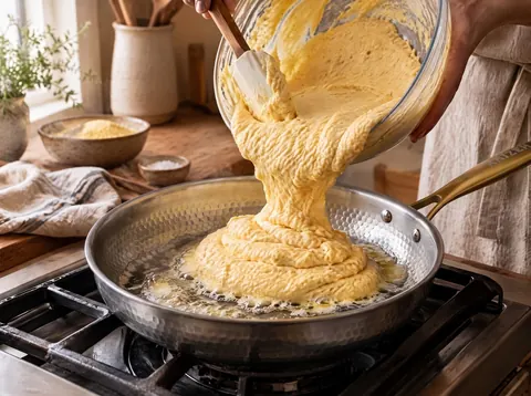 Cornbread batter poured into a buttered Kaizen titanium pan