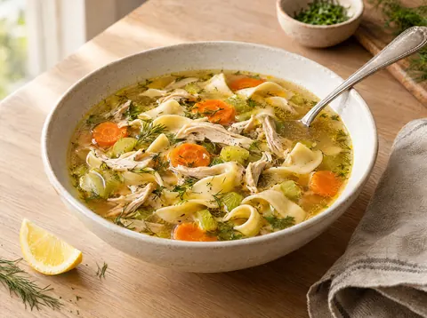 Homemade chicken noodle soup in a white bowl with egg noodles, carrot coins, celery, pulled chicken and dill