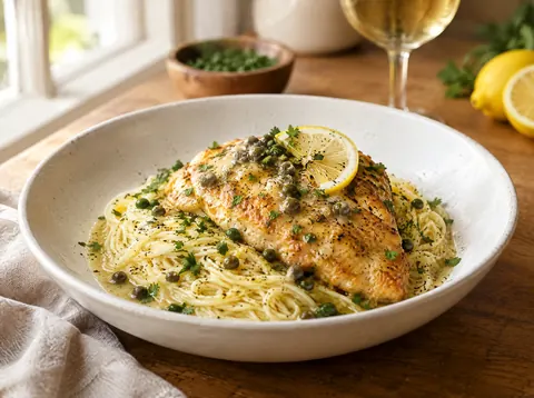 Chicken piccata cutlet on angel hair pasta with lemon caper butter sauce spooned over