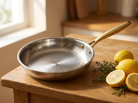 Kaizen pan with a silver patterned cooking surface and gold handle on an oak kitchen counter