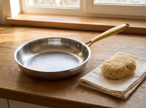 Clean Kaizen titanium pan beside a soft sponge and folded linen kitchen towel