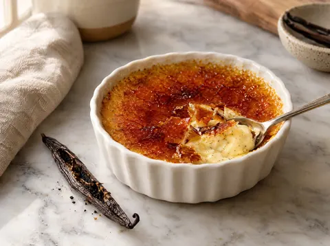 Vanilla crème brûlée in a white ramekin with a cracked amber caramel top and a spoon