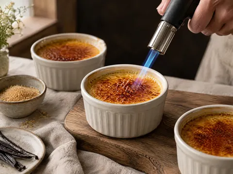 Kitchen torch caramelizing sugar on top of a ramekin of crème brûlée