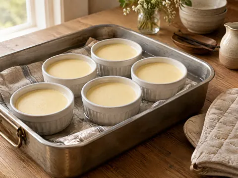 Ramekins of baked vanilla custard sitting in a hot water bath in a roasting pan