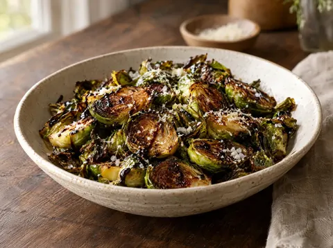 Crispy Brussels sprouts with deep brown cut sides drizzled with balsamic glaze