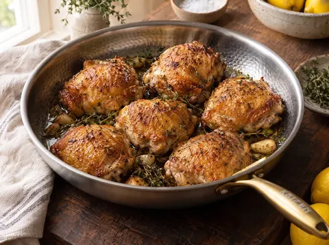 Golden chicken thighs in a Kaizen pan with a gold handle