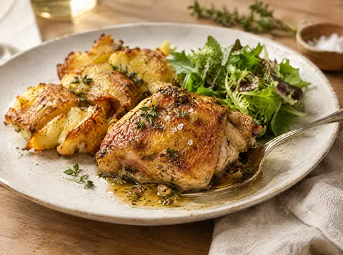 Crispy chicken thigh on garlic thyme pan sauce with crispy smashed potatoes on a plate