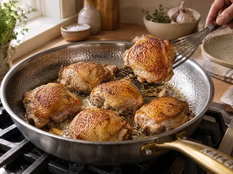 Chicken thighs with golden skin being turned in a Kaizen titanium pan