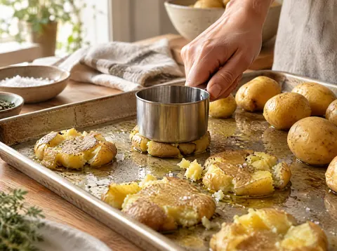 Boiled baby potatoes being pressed flat with a measuring cup on an oiled sheet pan