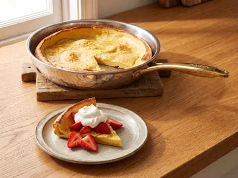 Dutch baby pancake served with strawberries with a Kaizen pan nearby