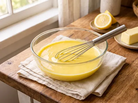 Glossy hollandaise in a glass bowl with a whisk, lemon and butter nearby
