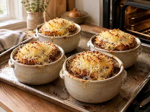 Four crocks of onion soup topped with toasted baguette and grated Gruyère on a sheet pan