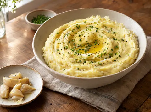 Bowl of creamy garlic mashed potatoes with a pool of melted butter, chopped chives and cracked black pepper