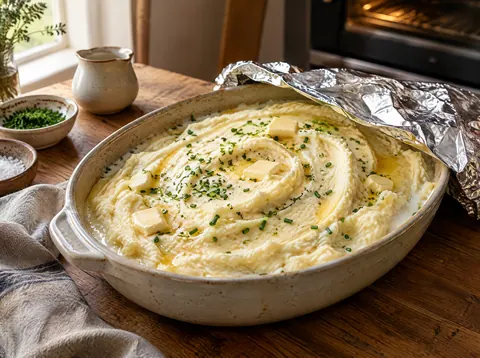 Buttered baking dish of make ahead mashed potatoes dotted with butter, ready to reheat in the oven