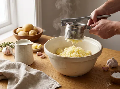 Potato ricer pressing cooked potato into a ceramic mixing bowl beside a jug of milk