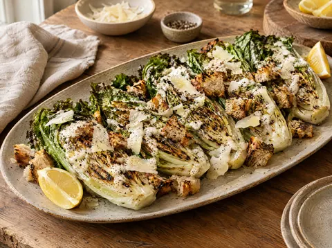 Grilled Caesar salad with charred romaine halves, creamy dressing, torn croutons and shaved Parmesan