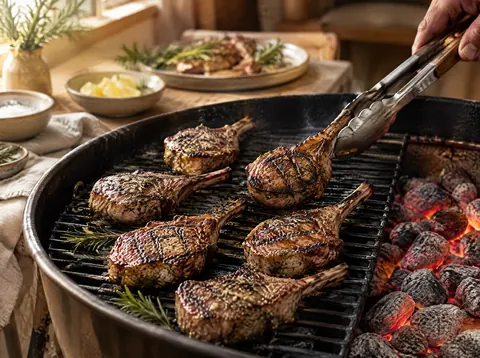 Lamb loin chops searing over hot coals on a charcoal grill with grill marks forming
